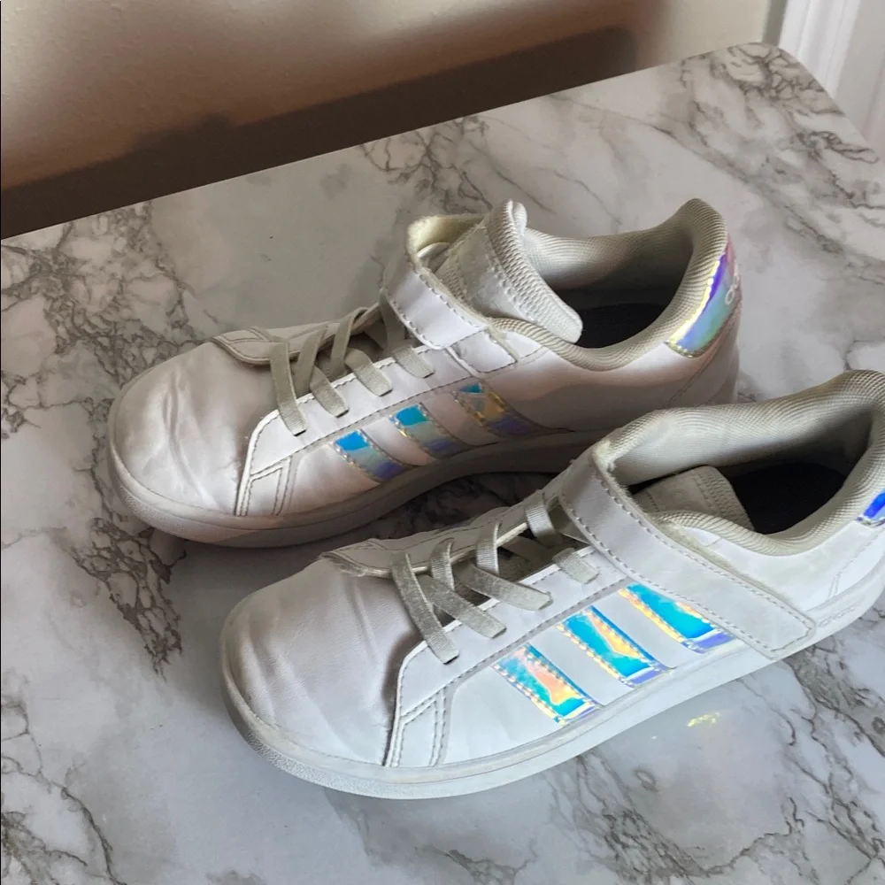 Adidas Originals Superstar Kids White Sneakers with Iridescent Blue Stripes